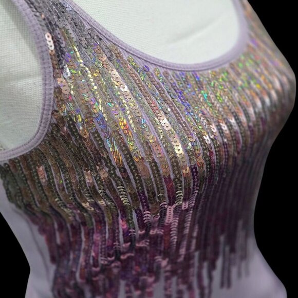 Express ✦ Purple Sequin Tank Top S ✦ Scoop Neck Ribbed Stretch Party Top NWOT - Picture 4 of 11